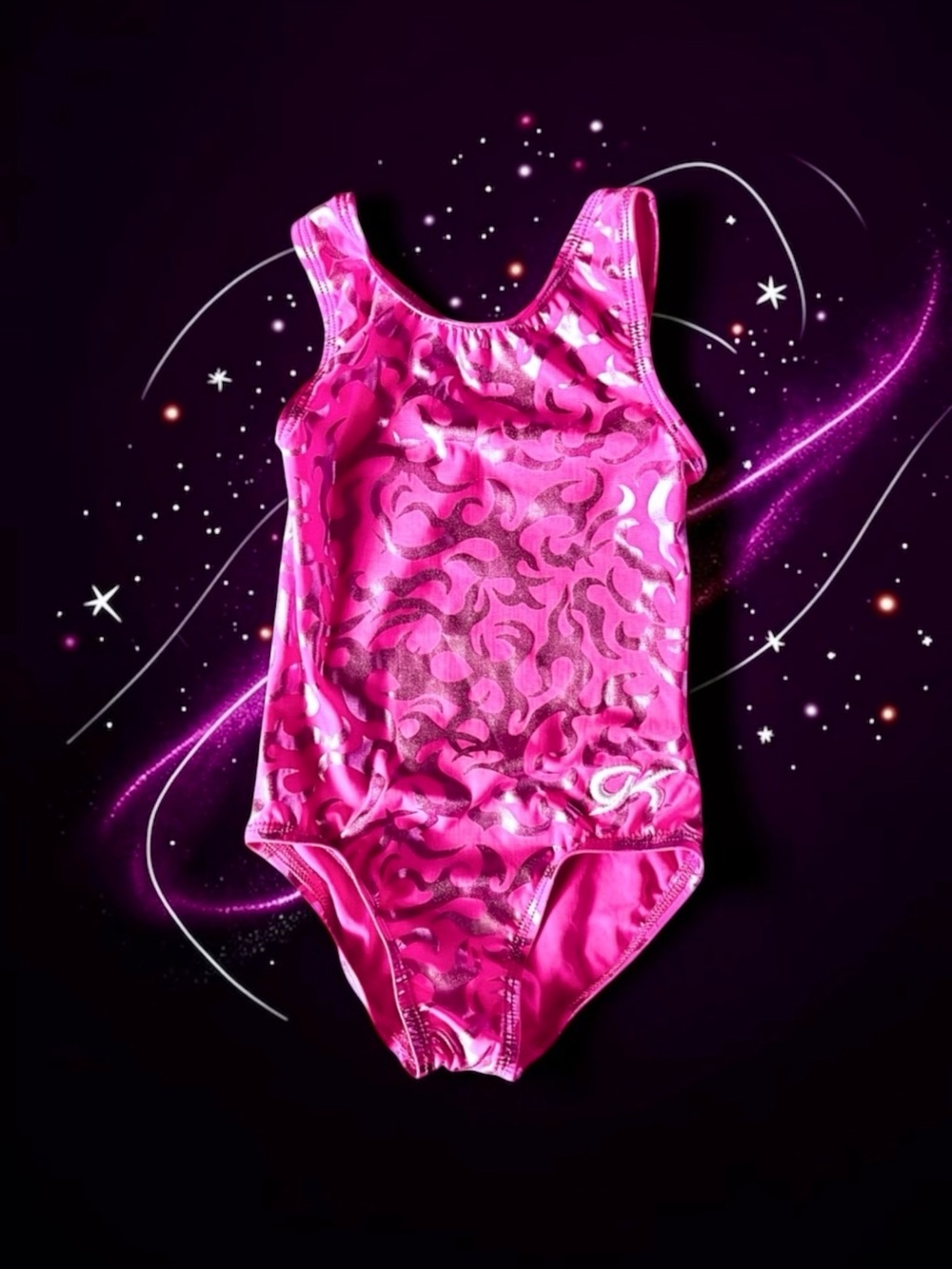 GK Elite Girls Leotard Pink Silver Metallic Flame Size CXS 2017